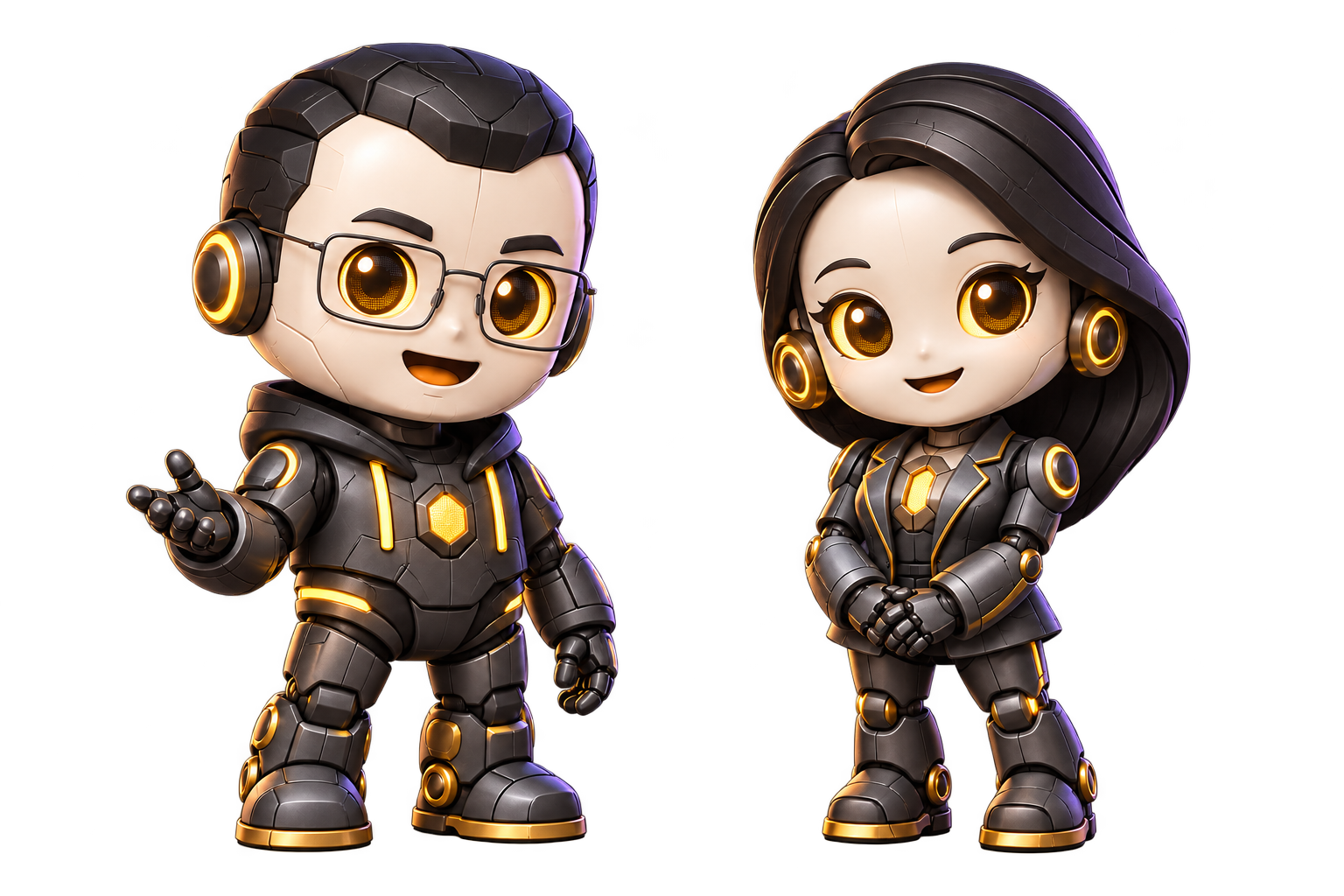 Atlas and Nova, the black-and-gold robot guides